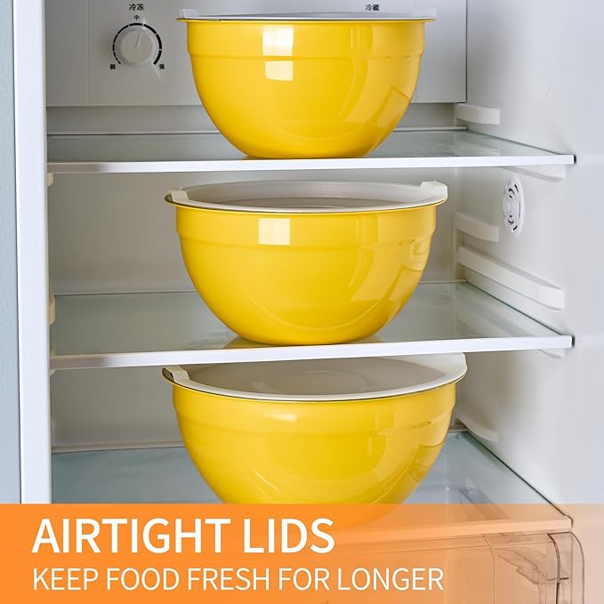 Moxinox Yellow Mixing Bowls with Airtight Lids, Stainless Steel Nesting Mixing Bowls Set of 7, Ideal for Baking, Prepping and Serving Food, Size 7, 3.6, 2.7, 2.1, 1.5, 1.1,0.8 QT, Stackable Design