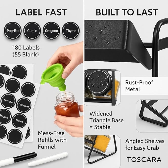 TOSCARA Spice Jar Rack Organizer for Cabinet! 28 Glass Jars with Black Lids! 4 Tier Seasoning Storage Shelf with 180 Labels, Funnel & Screws! Spices Organiser for Kitchen Countertop, Pantry, Cupboard