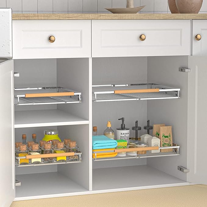 MIYUPTC Pull Out Cabinet Shelf, Slide Out Cabinet Organizer Heavy Duty Under Sink, Anti Rust Kitchen Organizer Basket, Smooth Roll Expandable Sliding Drawer, 2 Pack Chrome 15.9''-26.2''
