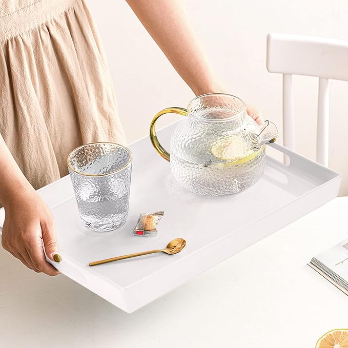 XMNFLY Serving Tray with Handles-10x15Inch White Melamine Modern Serving Platters,Serving Wine,Coffee,Breakfast/Kitchen Countertop Tray/Makeup Drawer Organizer/Vanity Table Tray/Decorative Tray