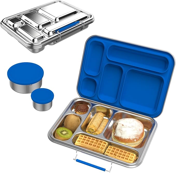 Stainless Steel Bento Box for Adults, 31.6 oz Leakproof 5-Compartments Stainless Steel Bento Containers, Metal Lunch Box with 2 Container, Dishwasher Safe, Design for Office,Outdoor, BPA-Free Blue