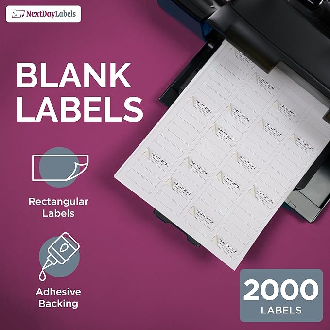 NextDayLabels 1.75x0.5 Inch Rectangle Stickers White Blank Labels for Laser Inkjet Printer - 80 Per Sheet Self-Adhesive Return Address File Folder Made in USA - 2000 Labels