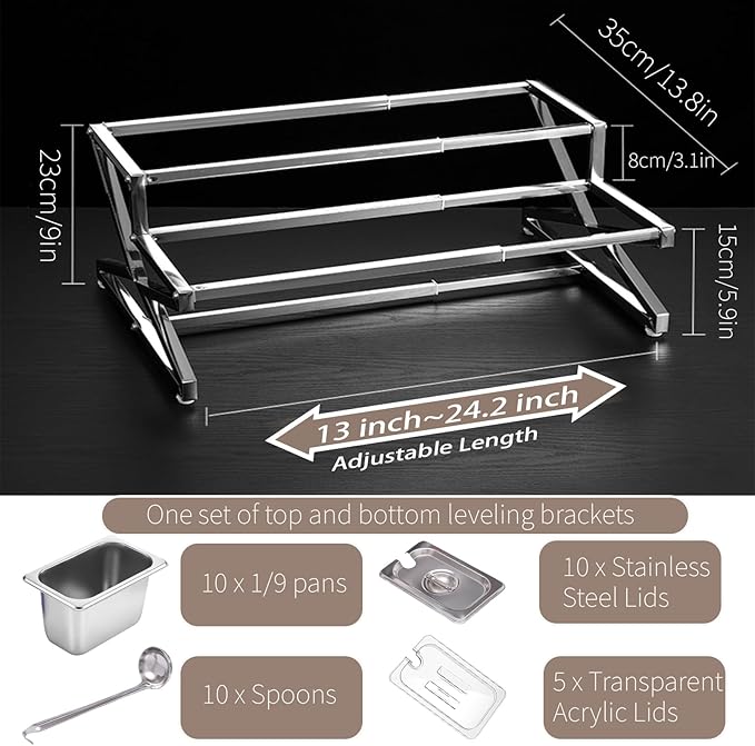 Two Tier Adjustable Stainless Steel Spice Organizer Set of 10 Pots with Spoons Commercial Kitchen Spice Rack Buffet Counter Milk Tea Shop Multifunctional Shelf (Double Flat)