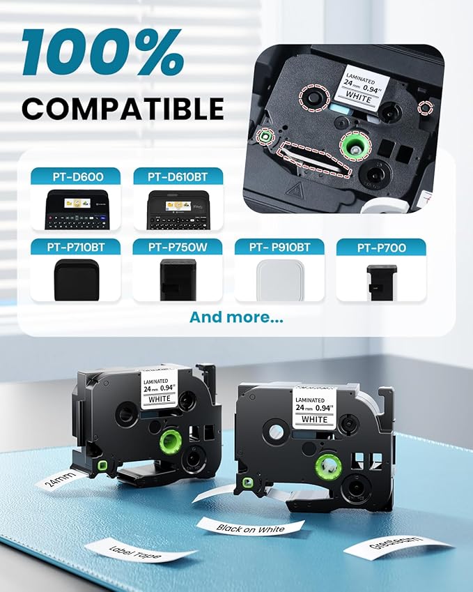 TZe-251 TZe251 24mm Label Maker Tape Compatible Brother P Touch Label Tape 1 Inch TZe TZ Tape 24mm 0.94 Inch Laminated White, Compatible with PT-D600 PT-D610BT PT-P710BT PT-P700 PT-P910BT, 4-Pack