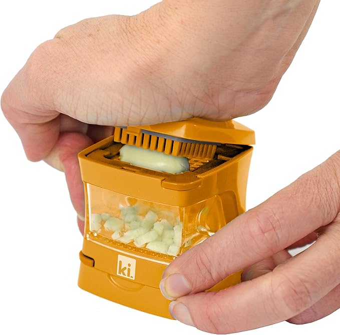 Kitchen Innovations Garlic-A-Peel Garlic Press, Crusher, Cutter, Mincer, and Storage Container - Includes Silicone Garlic Peeler - Easy to Clean - Stainless Steel Blades – (Honey), standard