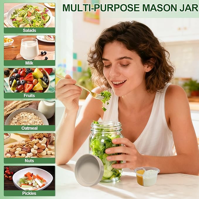 4 Pack Glass Salad Jars with Lids,32oz Mason Jars for Meal Prep,Leakproof Lunch Container with Two Small Built-in Boxes for Wet/Dry Separation of Salad Dressing and Dry Ingredients ( Apricot White)