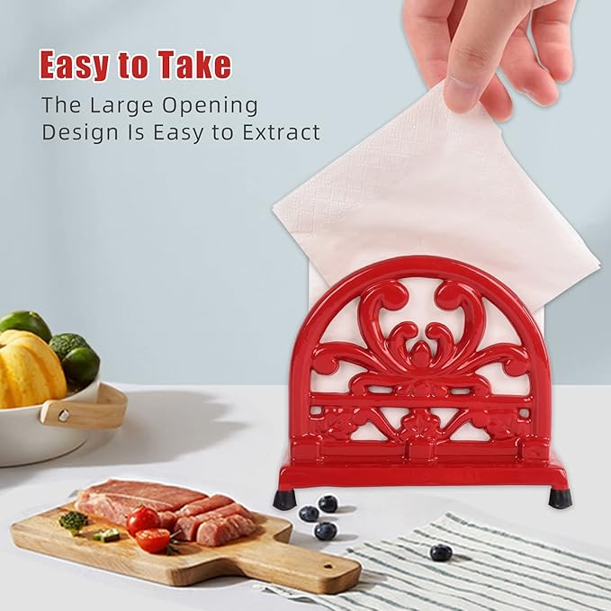 MINLUFUL Vintage Cast Iron Napkin Holder for Table, Upright Paper Napkins Dispenser for Kitchen Restaurant Cocktail Bar with Red Flower Pattern Decor