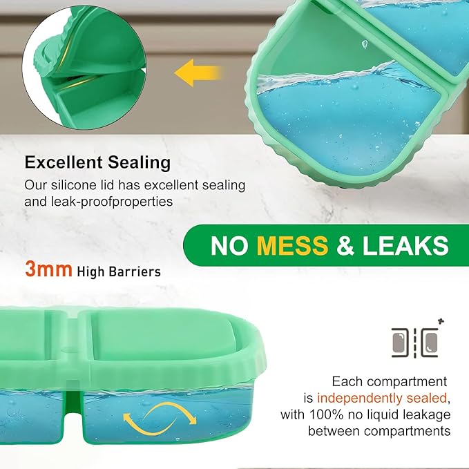 RAYBIN 3 Pack Silicone Reusable Snack Containers with Lids, 2 Compartments Leak-Proof Snackle Box Containers,Silicone Food Storage Containers for Office,School,Picnic - BPA Free (White,Green,Orange)