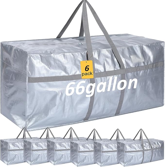 4 Pcs 66 Gallon Extra Large Moving Bags Heavy Duty Storage Bag with Strong Zipper Handle Foldable XXL Jumbo Storage Tote Packing Moving Box for College Dorm Travel Cloth Duffle (Silver)
