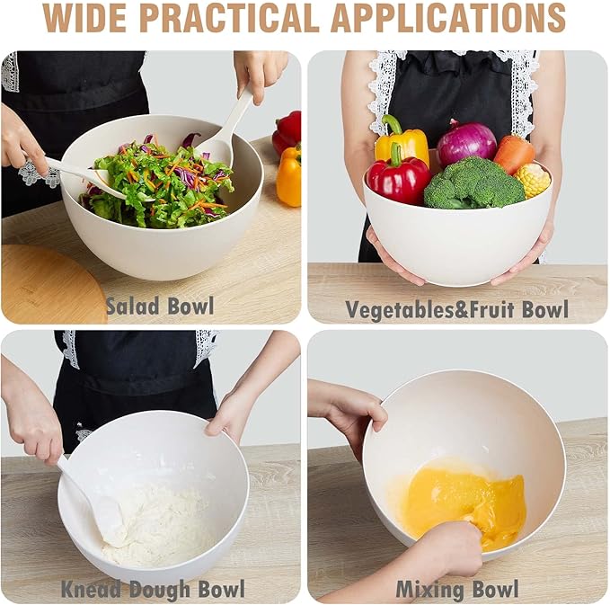ECOHAGOU 11.3" Extra Large Salad Serving Bowl Set with Wooden Lid&Utensils, 6.5Qt., Bamboo Fiber Salad Bowl with Servers for Kitchen, Lightweight Big Bowl for Mixing Salad,Fruit,Pasta - Matte White