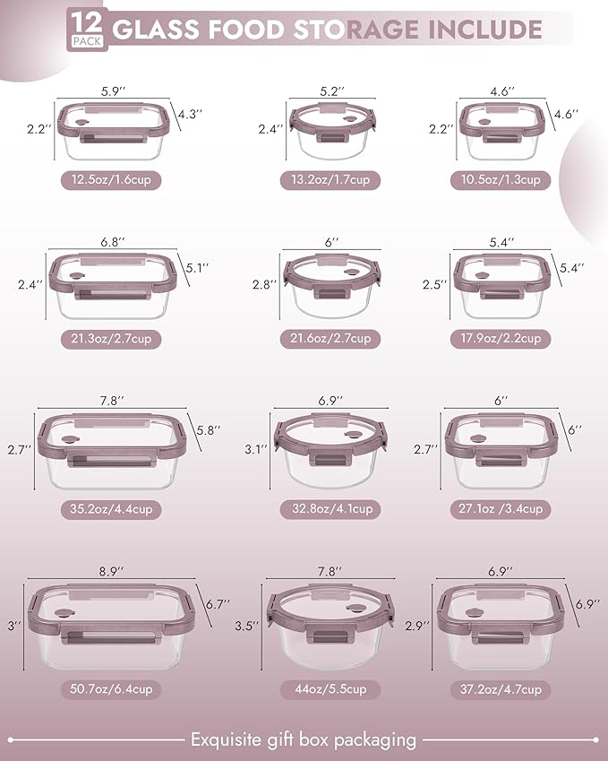 BOROHOUSE 12-Pack Glass Containers with Tempered Lids – Borosilicate, Oven-Safe(-4°F~950°F), Airtight, BPA-Free, Multi-Size for Meal Prep, Dishwasher Safe (Pink)
