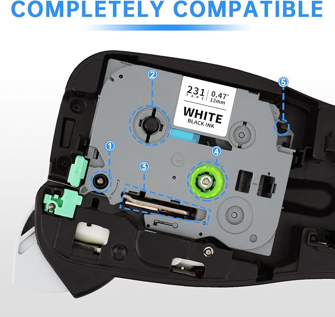 Unismar Tze 12mm 0.47 Laminated White Tape Compatible for Brother Tze Label Maker Tape Tze-231 Work for Ptouch PT-D220 PTD210 PTH110 PTH100 PTD600 PTD200, Black on White 1/2'' x 26.2', 8 Pack