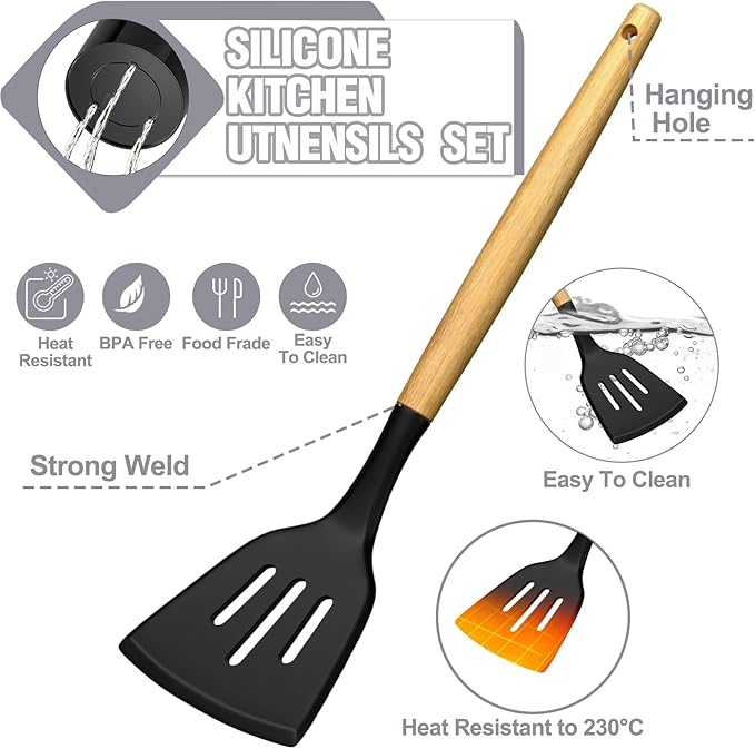 Kitchen Utensils Set- 34PCS Silicone Cooking Utensil with Holder, Umite Chef Heat Resistant Kitchen Spatula Set for Nonstick Cookware, Black Wooden Handles Kitchen Gadgets Tools Set