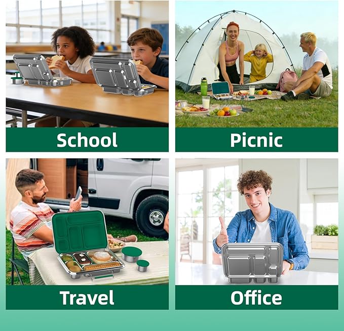 Stainless Steel Bento Box for Adults,31.6 oz Leakproof 5-Compartments Stainless Steel Bento Containers, Metal Lunch Box with 2 Container, Dishwasher Safe, Design for Office,Outdoor, BPA-Free Green