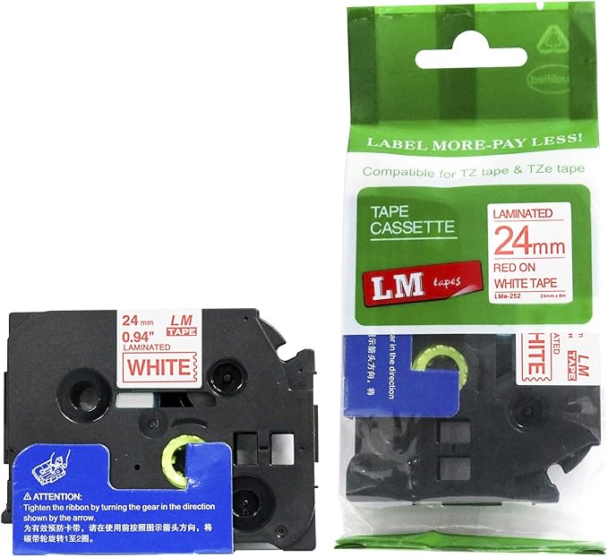 6/Pack LM Tapes - LMe-252 Premium 1" Red Print on White Label Compatible with Brother TZe-252 P-Touch and Includes Tape Color/Size Guide. Replaces TZ252 24mm 0.94 Laminated