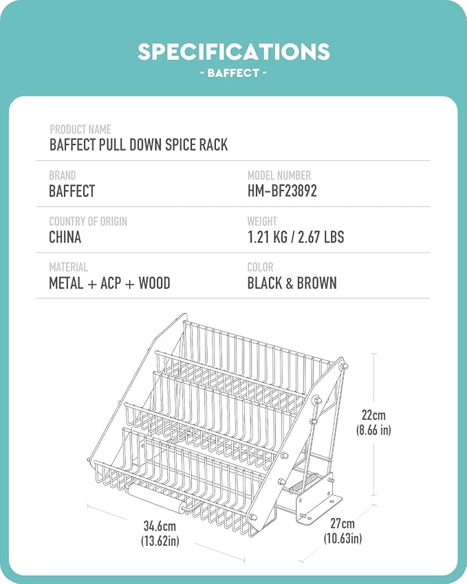 Baffect 3 Tiers Pull Down Spice Rack, Pull Out Spice Organizer for Inside Cabinets, Drop Down Spice Shelf with Spring Buffer Device for Kitchen Upper Cabinet（Black）