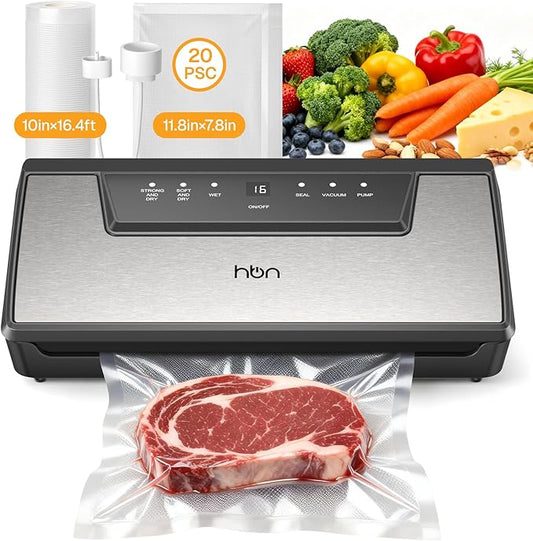 HBN Vacuum Sealer Machine Commercial Automatic Food Vacuum Sealer Built-in Cutter & Bag Storage Countertop Vacuum Sealer with Automatic Hands-Free Lid SUS Stainless Steel 1 Bag Roll & 20 Bags