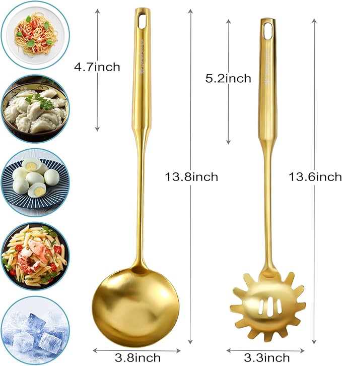 Gold Soup Ladle and Spaghetti Spoon Set - 18/10 Stainless Steel Soup Spoon，Pasta Strainer, 13.8" Kitchen Utensils for Cooking，Stirring, Serving Pasta, Soup & Sauce, Christmas Gifts