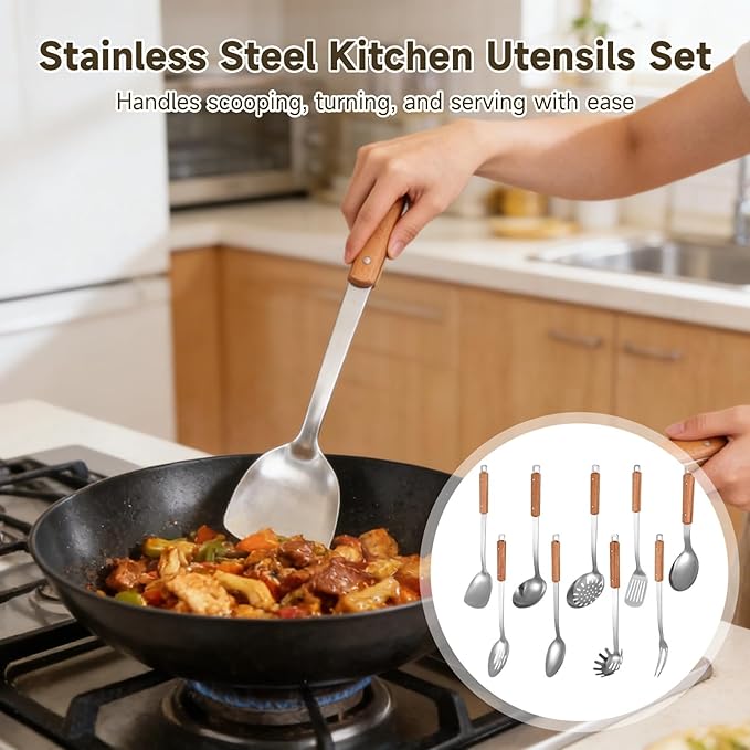 9PCS Stainless Steel Cooking Utensils, Kitchen Cooking Utensils Set with Wooden Hanlde, Including 304 Stainless Steel Spatula, Ladle, and Slotted Spoon, Metal Kitchen Utensils Set