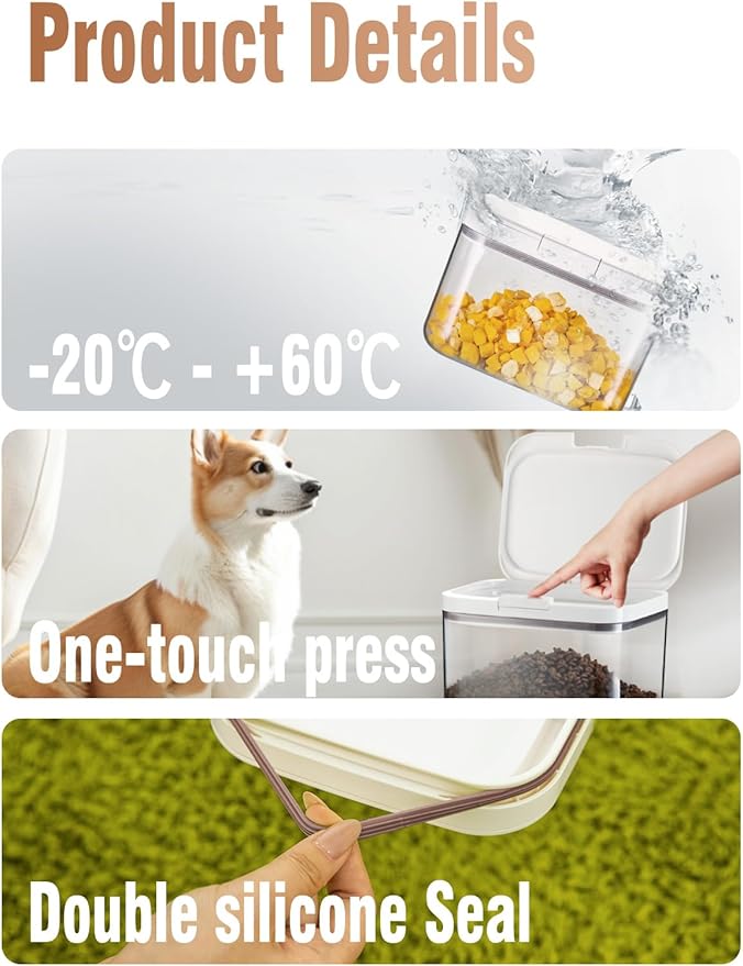 Airtight Dog Food Storage Container 5-10 lbs, Large Pet/Cat Treat Bin with Lids, Pantry Containers for Rice & Flour, withe