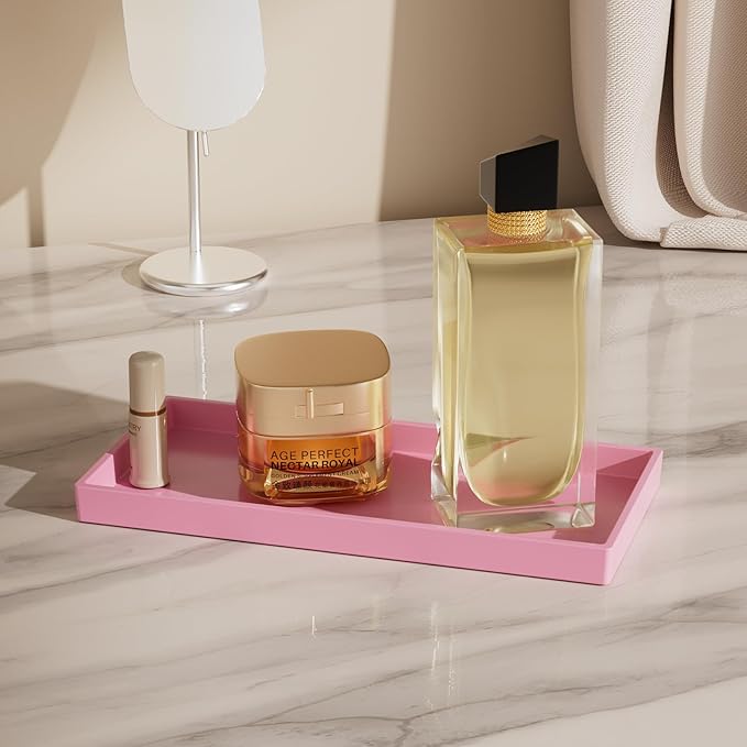 Mriluvy Vanity and Bathroom Tray, 9.8" ABS Countertop Organizer,Waterproof Vanity Tray for Toilet Tank,Perfume,Soap,Keys,Bathroom Accessories,Kitchen and Bath Trays,Non Slip Small Trays,Pink