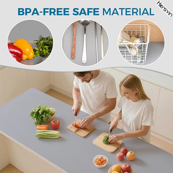 Hersvin Shelf Liners, 18in x 20ft Kitchen Drawer Mats, Non-Adhesive EVA Cupboard Protector, Cabinet Lining (Light Gray/Dot)