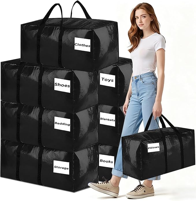 8 Pack Extra Large Moving Bags Heavy Duty Storage Bags with Zipper Handles, BETU Clothes Storage Totes Bins Packing Moving Boxes, Moving Supplies for College Dorm Essentials, Space Saving, Black