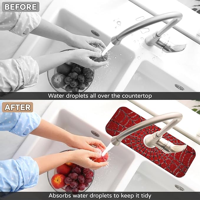 1 PC 15.4*5.7 Inch Absorbent Faucet Mat for Kitchen Sink Splash Guard Fast Drying Kitchen Faucet Mat for Bathroom Kitchen Spider Web