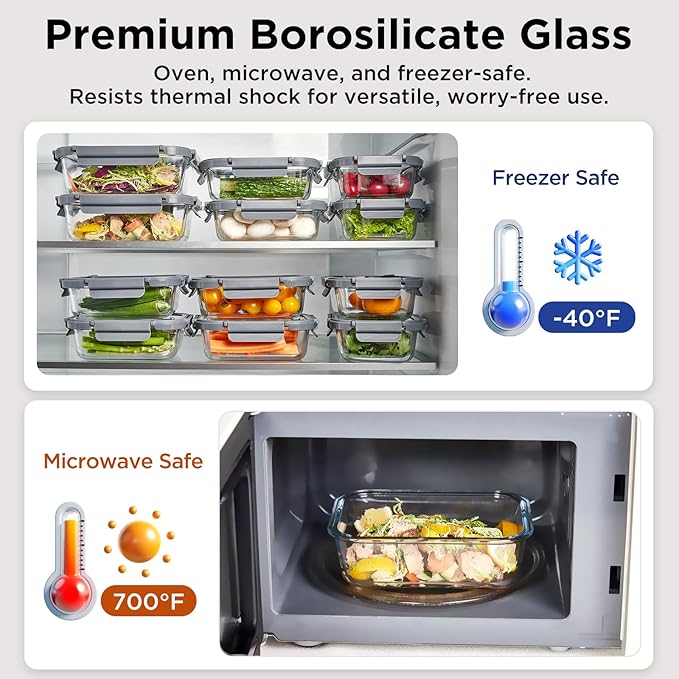 Spreccio Glass Food Storage Containers with Glass Lids, 4 Pack Meal Prep Container with Airtight Lids, Microwave Safe Food Container Set, BPA Free, LeakProof, Ideal for Lunch