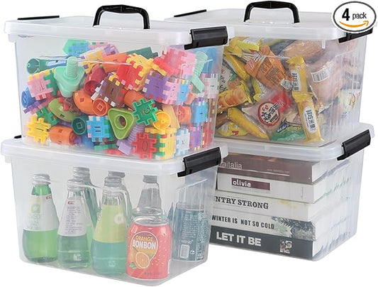 Wekioger 4 Pack 12 Quart Latching Storage Box with Handle, Clear Lidded Tote Bin