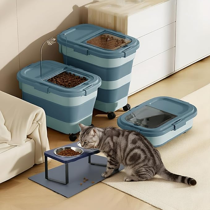 15 Lbs Dog/Cat Food Storage Container,Collapsible Food Storage Containers with Rolling Wheel Airtight Locking Lid,Pet Food Storage Container with Cup and Scoop,Blue