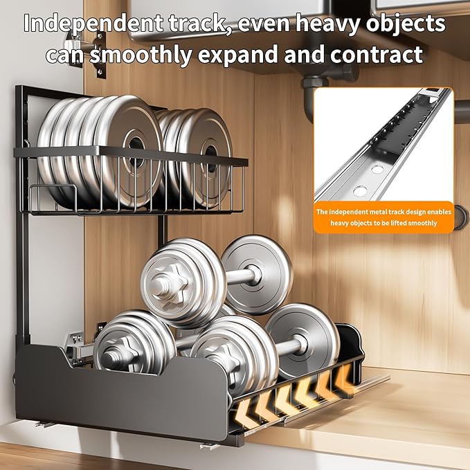 Under Sink Organizer, 2-Tier L-Shaped Pull Out Cabinet Shelf with 2 Installation Methods, Adjustable Sliding Storage Drawer for Kitchen, Bathroom, Laundry, Metal, Black