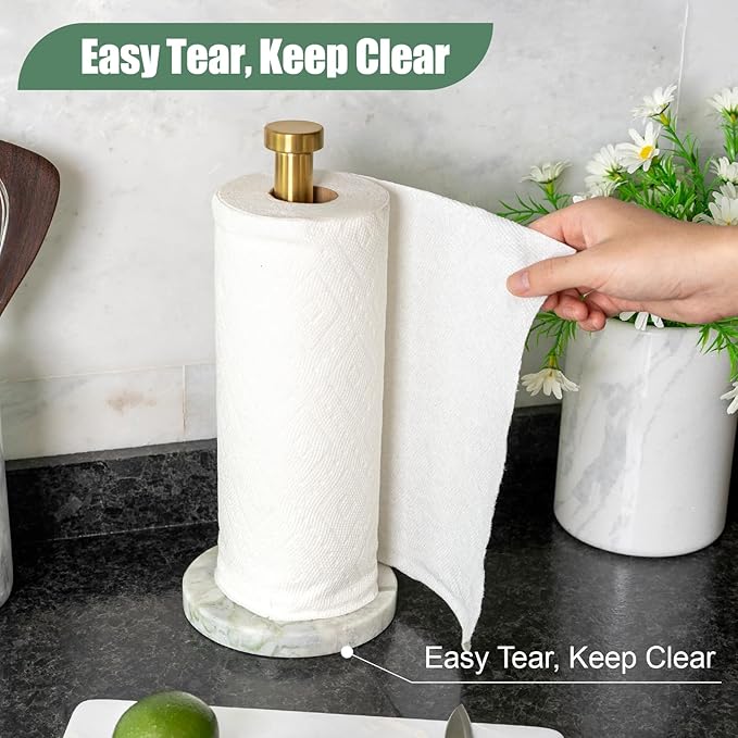 Koville Genuine Marble Paper Towel Holder Countertop, 6" Stone Base Gold Rod Paper Towel Holder Stand for Kitchen Storage, for Standard or Jumbo-Sized Rolls