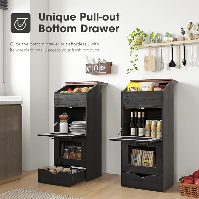 Patiorama Wood Potato and Onion Storage Bin Box with Lid, 4-Tier Farmhouse Wooden Bread Box Cabinet with 2 Mesh Doors & Rolling Drawer, Large Vegetable Storage Bin Organizer for Kitchen Pantry Black