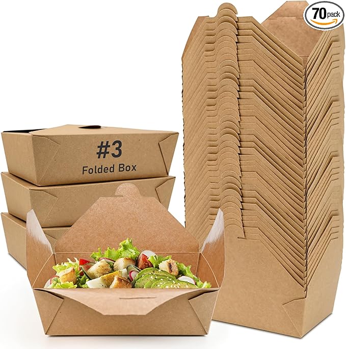 EcoDispose Pack of 70 71 oz Kraft Paper Fold To Go Containers, Microwaveable Leak and Grease Proof Take Out Boxes for Lunch,Leftover and Restaurant