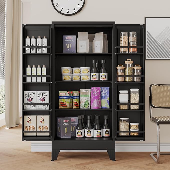 erosoei 51" H Metal Kitchen Pantry Storage Cabinet,Storage Cabinets with Doors and Adjustable Shelves,Freestanding Food Pantry Cabinet Cupboard for Living Room,Dinning Room (Black)