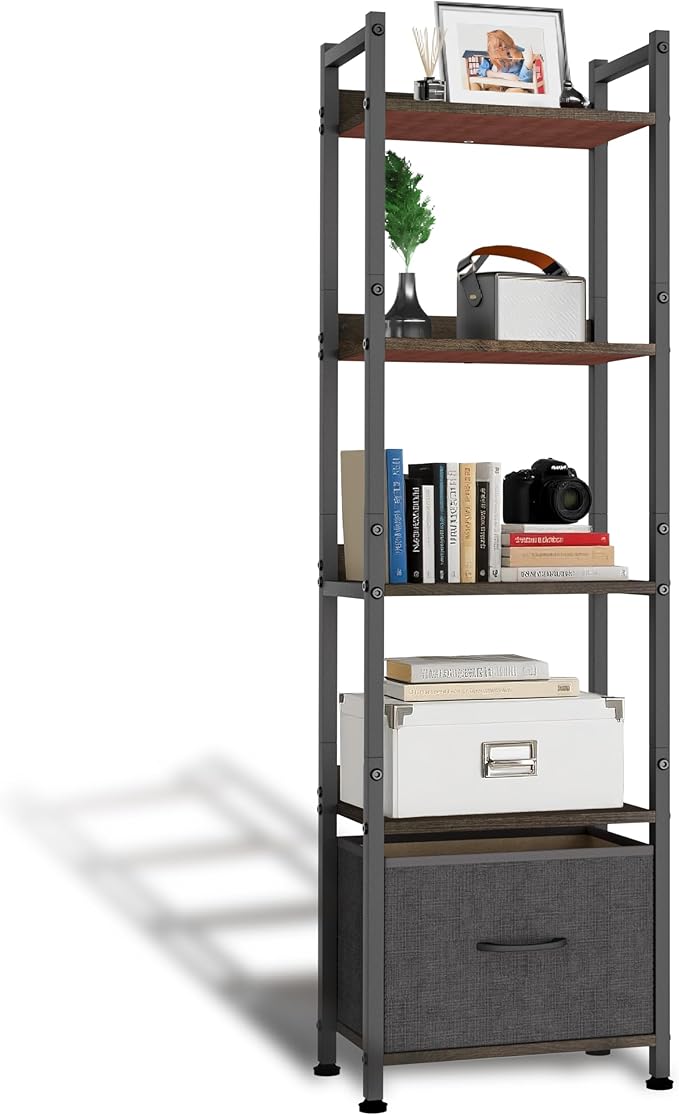 Whitmor 5-Tier Bookshelf with Drawer, Modern Display Bookcase with Wood Shelves & Metal Frame, Narrow Standing Storage Organizer for Living Room, Bedroom, Home Office, Black