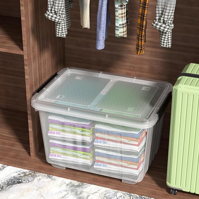 42 L 4 Packs Plastic Storage Box with Latching Lid and Wheels, Clear Storage Container Bins