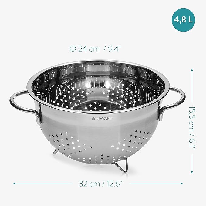 Navaris Stainless Steel Colander 4.8L / 5-Quart - Metal Strainer with Large Holes and Handles for Pasta, Spaghetti, Vegetables, Rice