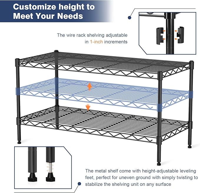 2-Tier Wire Shelving Unit,36" Wx18 Dx19.5 H,Wire Shelves Rack with Lockable Wheels,2 Shelf Height Adjustable Metal Storage for Living Room,Kitchen,Pantry,Closet,Office,Laundry
