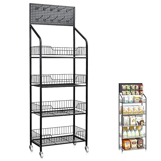 Retail Candy Snack Display Rack, 4-Tier White Metal Storage Shelf Brackets with Wheels & Hooks Multifunctional, Home Theater Concession Stand Snack Shelf Organizer for Pantry Kitchen, White