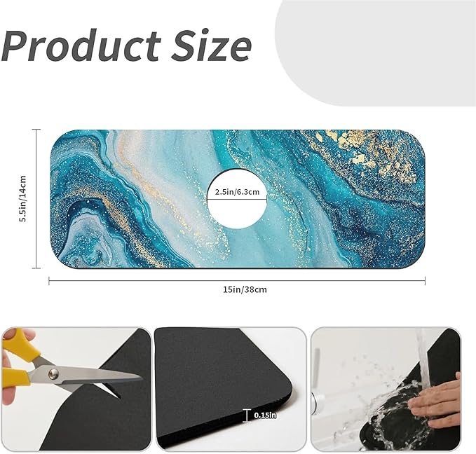Kitchen Sink Splash Guard，Blue golden fluid marble Faucet Mat Sink Gadgets-Super Absorbent Fast Drying Mat Drip Catcher for Kitchen, Bathroom,Sink Mat, Dish Drying Mat, Bathroom(15" X 5.5" )