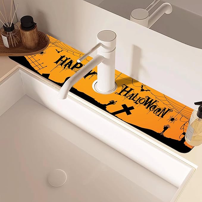 Halloween Bats Spider Webs Dish Drying Mat for Kitchen Sink Splash Guard Behind Faucet Sink Mat Absorbent Fast Drying Faucet Draining Mat for Bathroom Kitchen 5.5"×24"