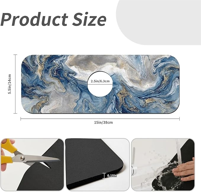 Kitchen Sink Splash Guard，Abstract blue white marble Faucet Mat Sink Gadgets-Super Absorbent Fast Drying Mat Drip Catcher for Kitchen, Bathroom,Sink Mat, Dish Drying Mat, Bathroom(15" X 5.5" )