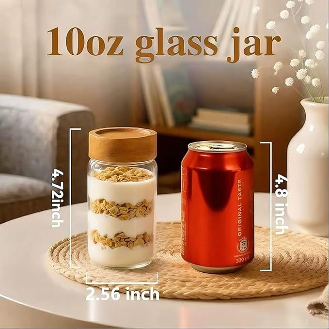 2-Piece 10 oz Food-Grade Glass Mason Jars with Sturdy Acacia Wood Lids, Sealable Waterproof, Transparent Easily Stackable for Spices, Seasonings & Snack Organizin