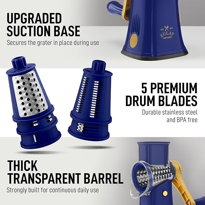 Zulay Kitchen Rotary Cheese Grater 5 Blade Cheese Shredder - Manual Hand Crank Cheese Grater With Reinforced Suction & 5 Interchangeable Drums - Easy to Use, Vegetable Chopper Round Mandoline Slicer