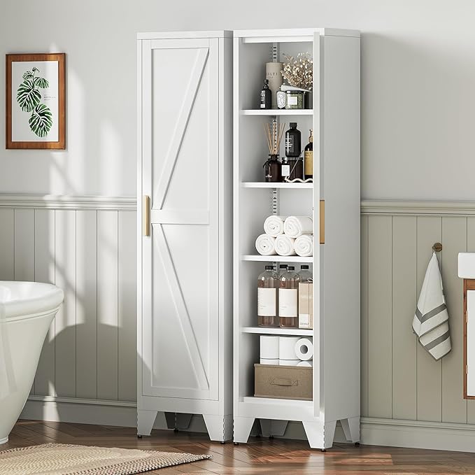 LCAOPC 67" Tall Narrow Bathroom Metal Storage Cabinet with 4 Adjustable Shelves, Freestanding 5 Tier Slim Pantry Storage Cabinet for Small Space, White