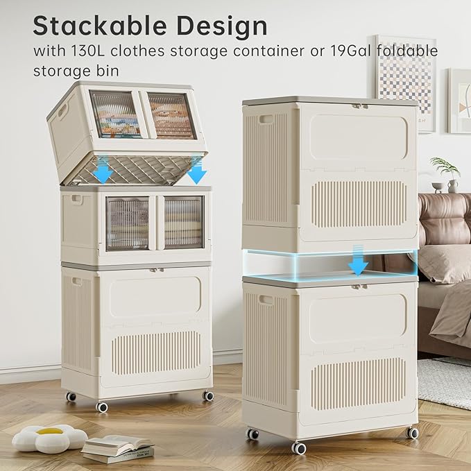 HAIXIN HOME 130L Stackable Storage Bin with 3 Storage Bags for Sorting and Organization, Foldable Storage Box with Wheels, Large Blanket Storage Container for Comforters, Bedding, Seasonal Clothing