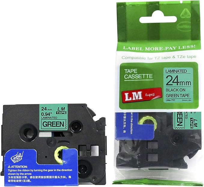 2/Pack LM Tapes - LMe751 Premium 1" Black Print on Green Label Compatible with Brother TZe-751 P-Touch and Includes Tape Color/Size Guide. Replaces TZe751 24mm 0.94 Laminated