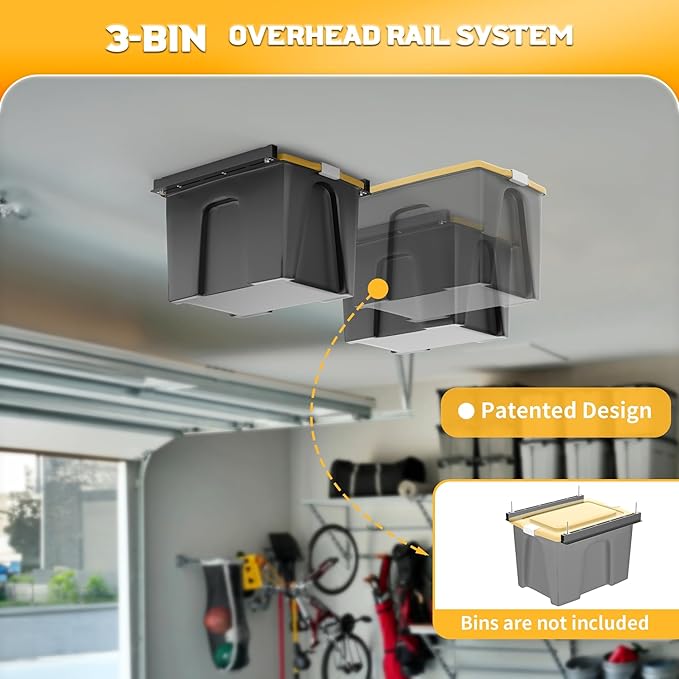 WALMANN Ceiling Tote Storage Rails, Heavy Duty Garage Ceiling Bin Storage Rack Adjustable Overhead Tote Slide Rail(4 Pack for 3 Bins, Bins Are Not Included)